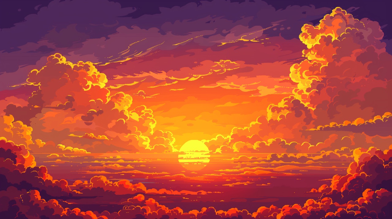 Strong Tower against a dramatic deep-orange and amber sunset sky